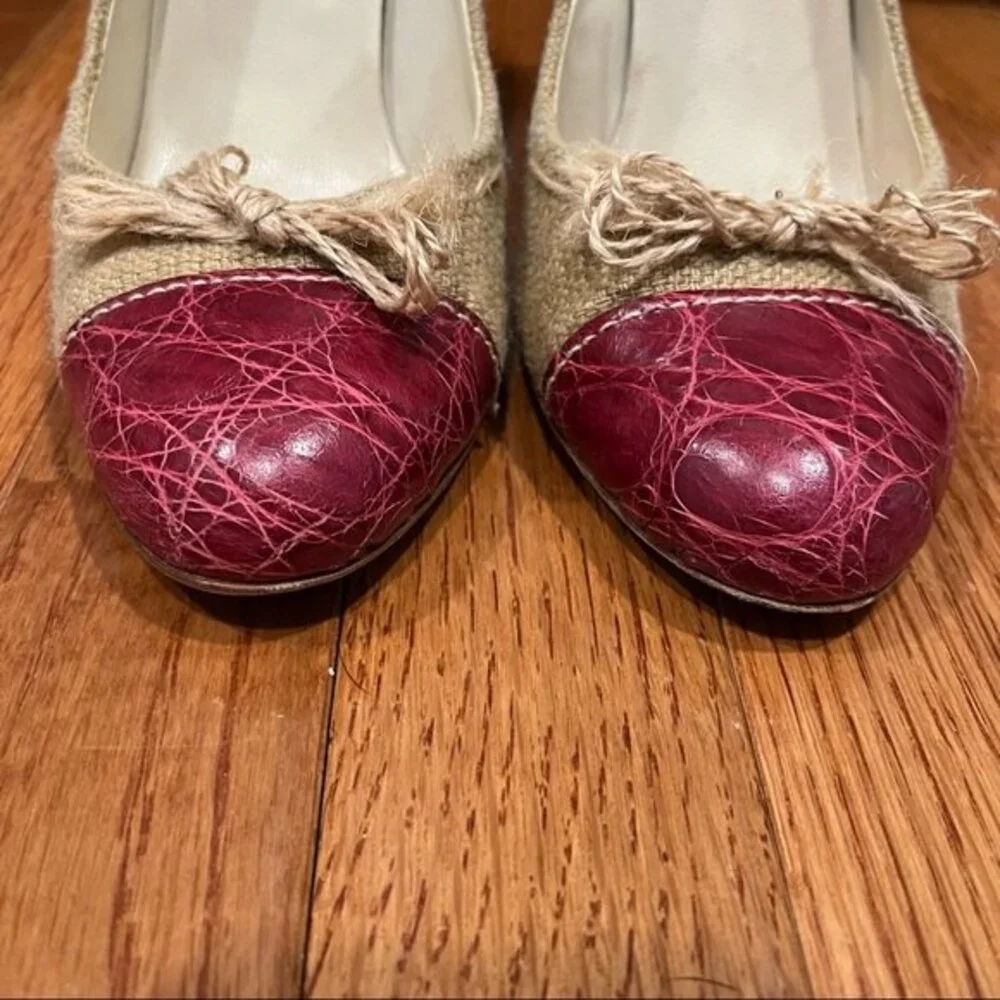 Prada Cream Tweed & Red Leather Round Toe Pump Heels 38
